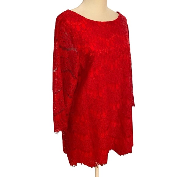 V Cristina Red Lace 3/4 Sleeve Blouse Size L Scoop Neck Lined Oversized Party - Picture 5 of 9